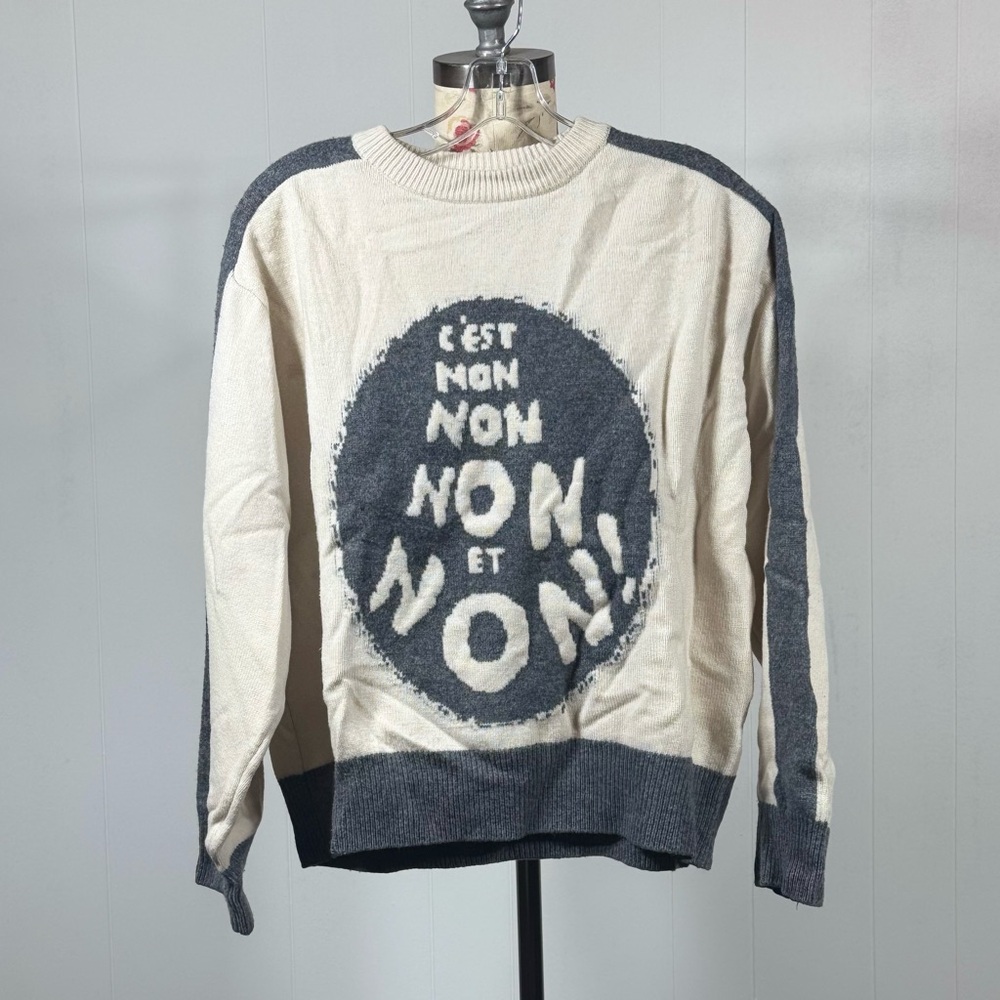 100% wool Graphic Cream and Grey oversized Sweater, size M
